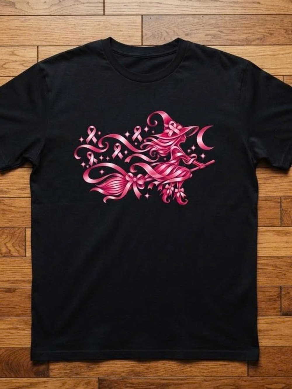 Black Short‑Sleeve Tee with Pink Ribbon Witch Graphic